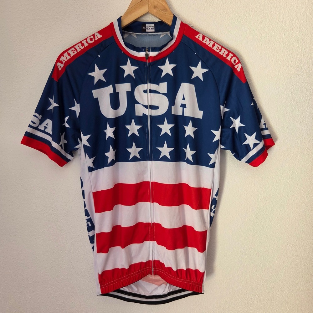 USA America Patriotic Cycling Jersey Red White Blue Stars Stripes Full Zip XL